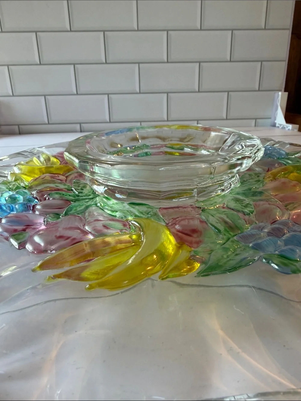 Hand-Painted Glass Serving Bowl with Floral Fruit Motif